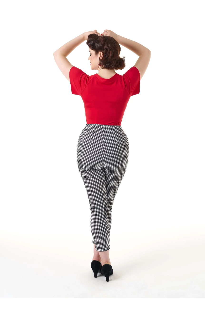 Pantalon gingham carreaux noir blanc femme pin-up taille haute crayon