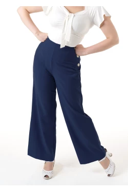 Pantalon Prettry Retro vintage bleu taille haute trois boutons lateraux retro