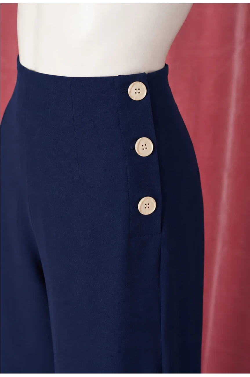 Pantalon sailor bleu marine femme jambes larges taille haute nautique