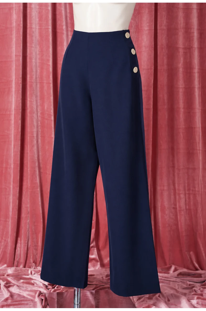 Pantalon sailor bleu bib front boutons lateraux jambes evasees retro
