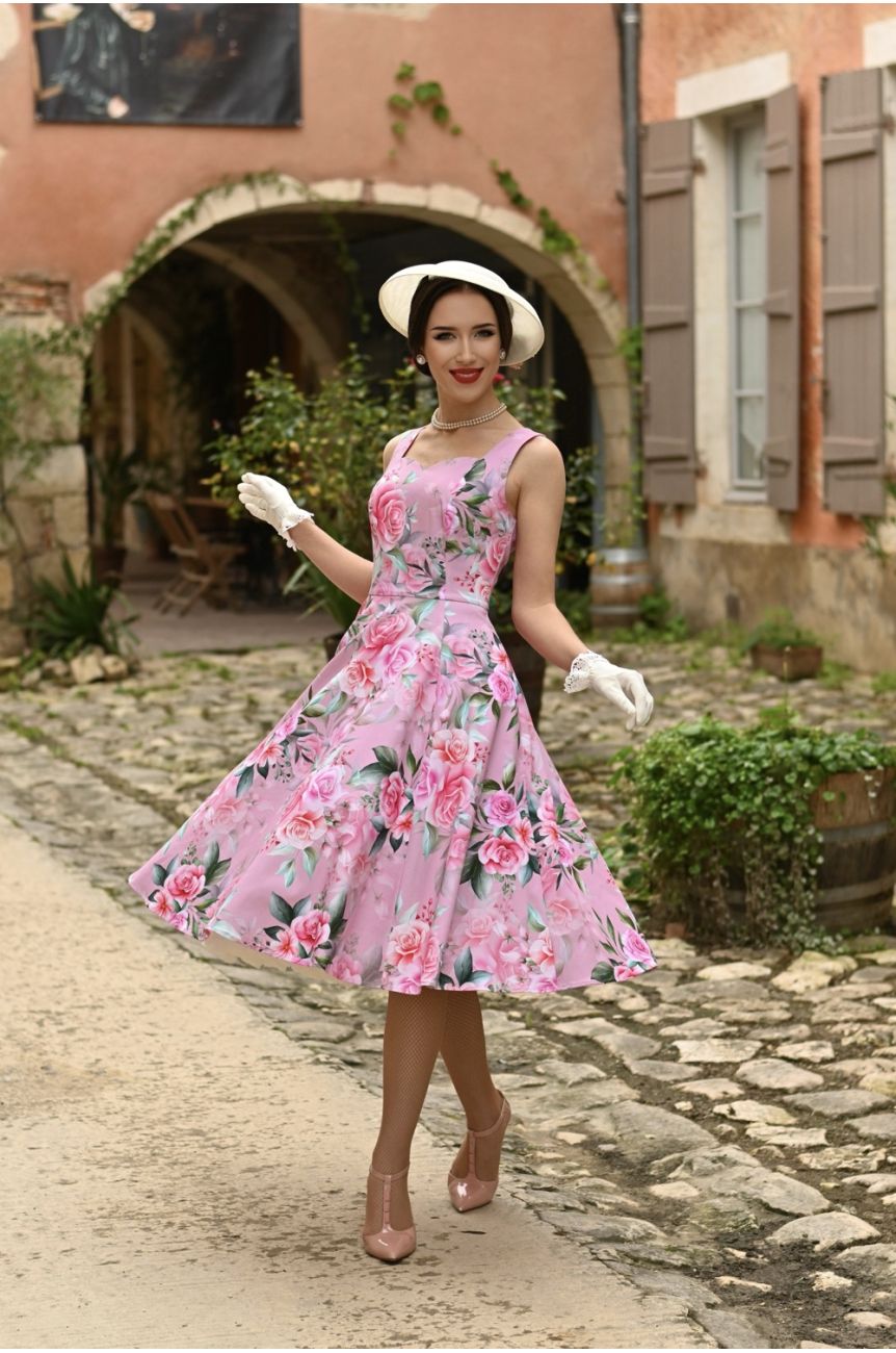 Robe rose pastel bouquet roses corsage sweetheart jupe swing Hearts and Roses vintage
