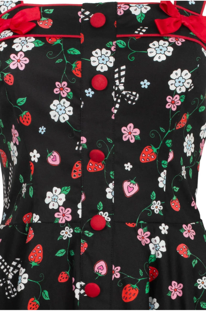 Robe noire fraises kawaii coeurs boutons recouverts rouges swing pin-up style retro 50s