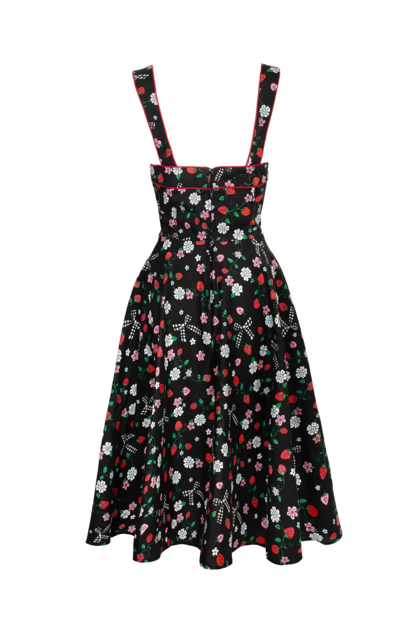 Robe Hell Bunny zoom imprime fraises roses coeurs marguerites vichy noir blanc