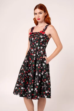 Robe noire fraises marguerites libellules swing noeuds rouges Hell Bunny rockabilly
