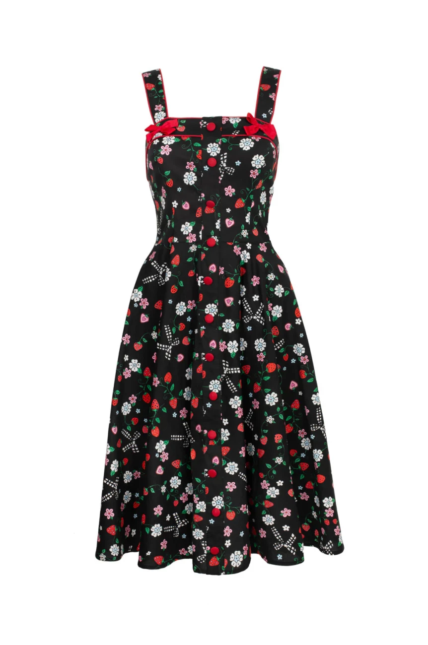 Detail bretelles robe noire noeuds rouges passepoil fraises fleurs rockabilly Hell Bunny