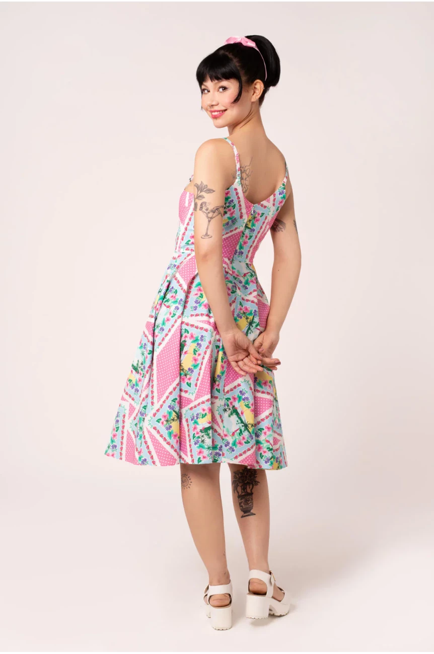 Robe ete Hell Bunny patchwork rose pois blanc tropical swing poches laterales retro