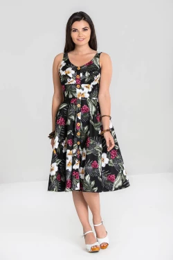 obe noire tropicale hibiscus blanc fuchsia palmiers swing boutons bois Hell Bunny vintage