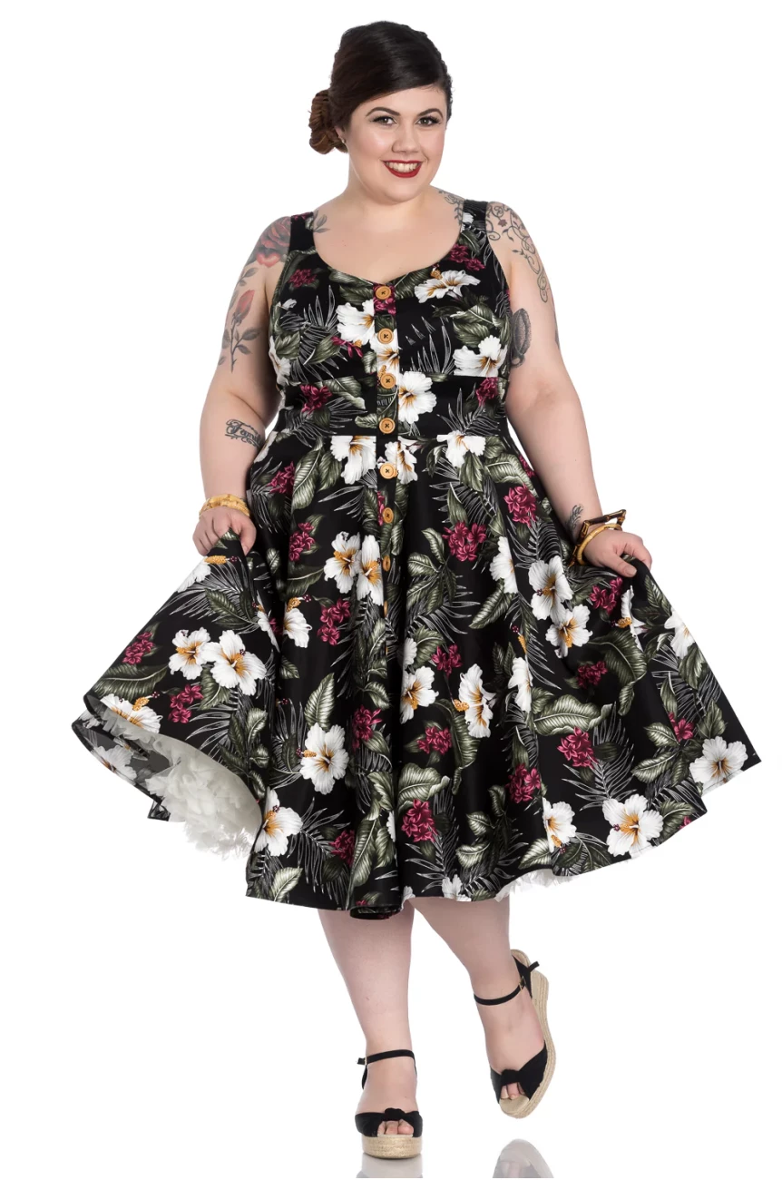 Robe vintage noire hibiscus blanc fuchsia vert kaki boutons bois swing style retro 50s