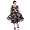 Robe vintage noire hibiscus blanc fuchsia vert kaki boutons bois swing style retro 50s