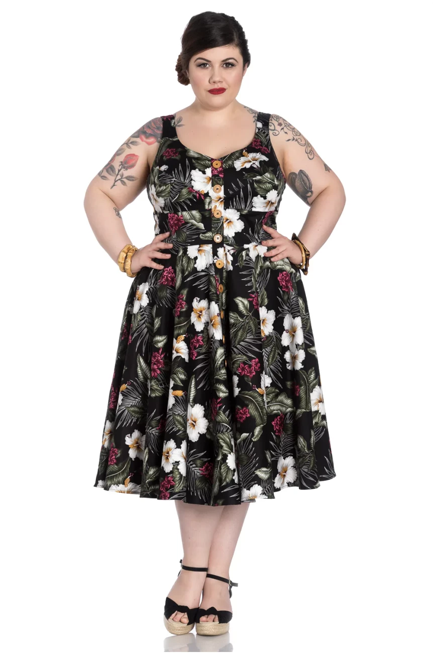 Robe rockabilly noire tropical hibiscus palmiers jupe ample swing coton leger pin-up