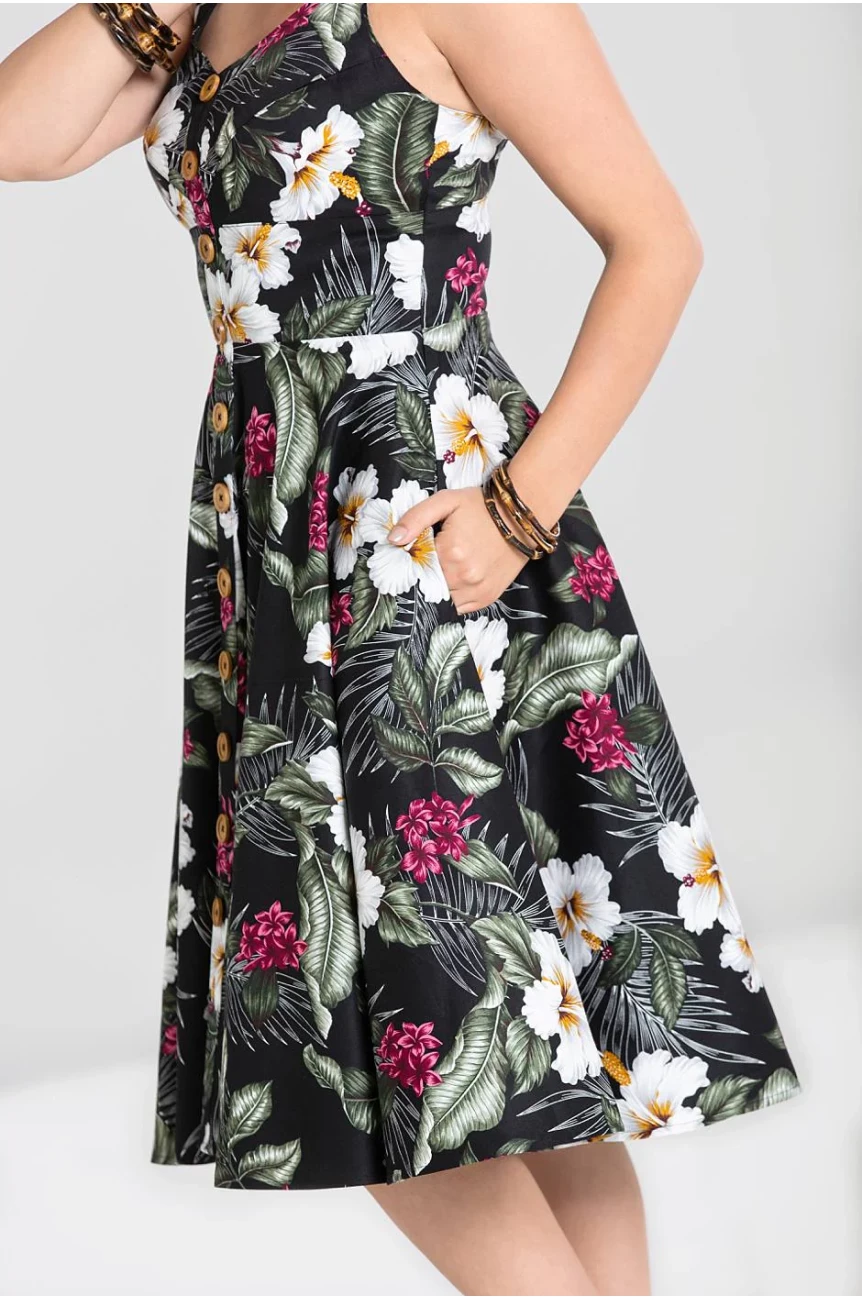 Dos robe noire tropicale bretelles larges decollete V jupe swing Hell Bunny rockabilly