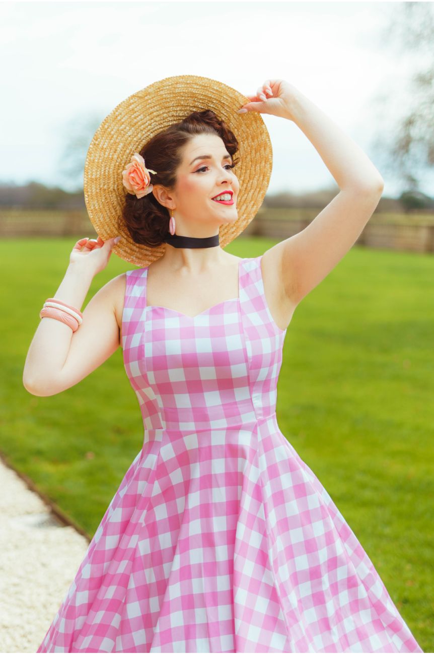 Dos robe vichy rose blanc bretelles larges fermeture zip jupe swing Hearts and Roses retro