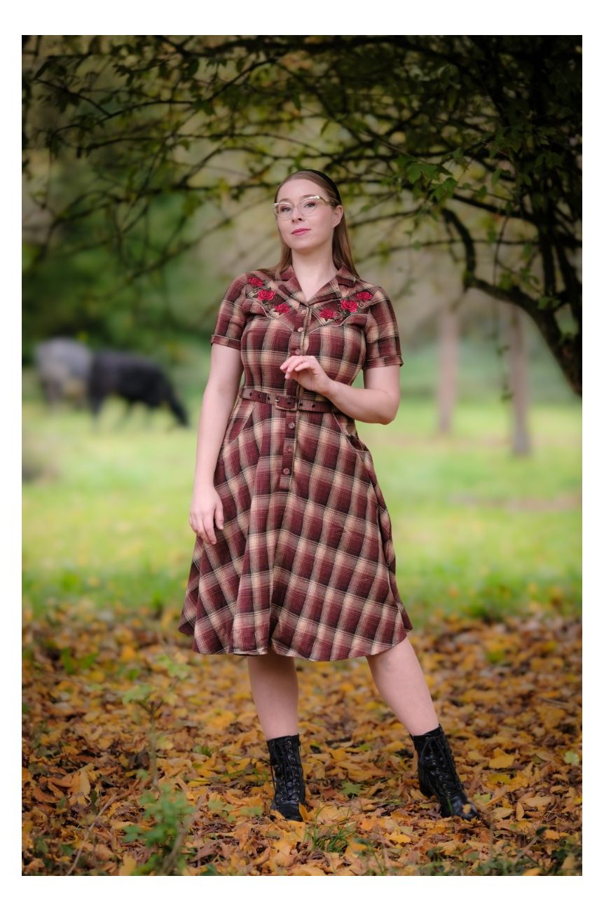 Robe chemise tartan brun roses brodees western swing ceinture cuir vintage rockabilly