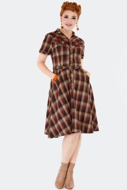 Robe country western tartan brun roses brodees jupe evasee biais silhouette sablier