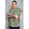 Chemise hawaienne hibiscus dore vert tropical col cubain boutons coco Rumble59 rockabilly