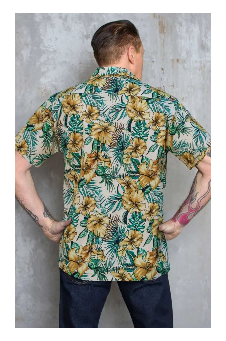 Chemise hawaienne homme 100% coton imprime tropical hibiscus dore feuillage vert vintage