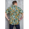 Chemise hawaienne homme 100% coton imprime tropical hibiscus dore feuillage vert vintage
