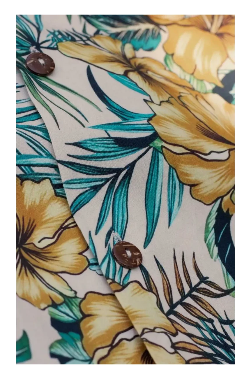 Chemise rockabilly homme tropical hibiscus dore vert coton boutons noix de coco retro