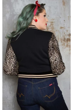 Dos veste college noire manches leopard velours panne Rumble59 rockabilly pin-up retro