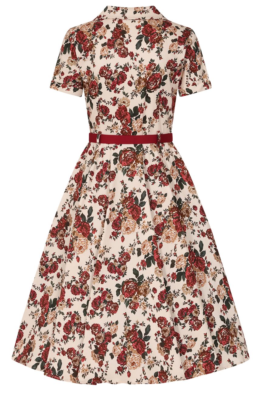 Dos robe ecrue roses automnales swing col chemise manches courtes Hearts and Roses retro