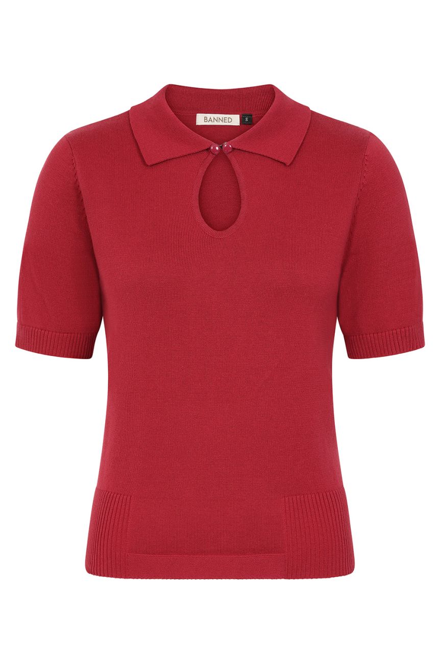 Top pin-up rouge maille fine polo keyhole bouton perle style vintage annees 50 rockabilly