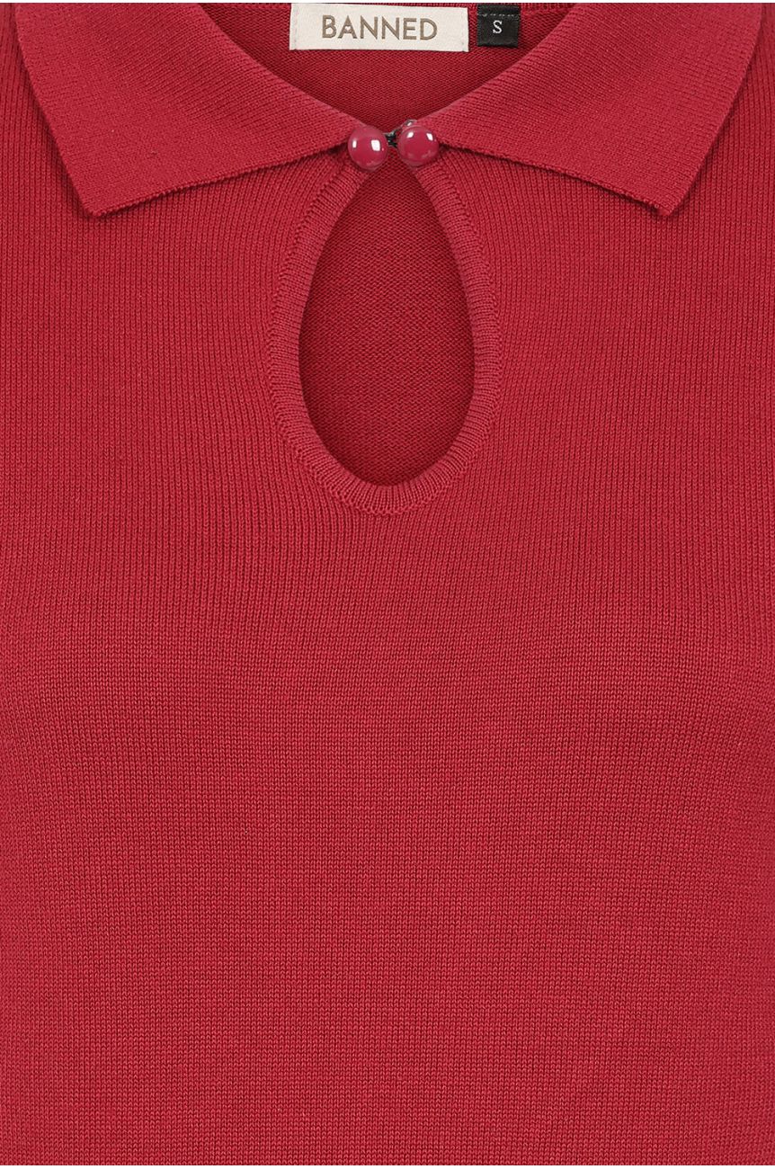Haut maille rouge cerise col polo coton doux style pin-up femme vintage Banned retro