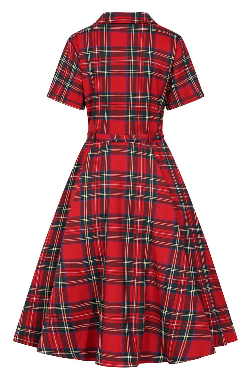 Dos robe tartan rouge swing midi col chemise manches courtes Banned style vintage 50s