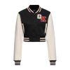 Veste college crop noire ecru chatte pin-up rebellious bandes tricolores Queen Kerosin