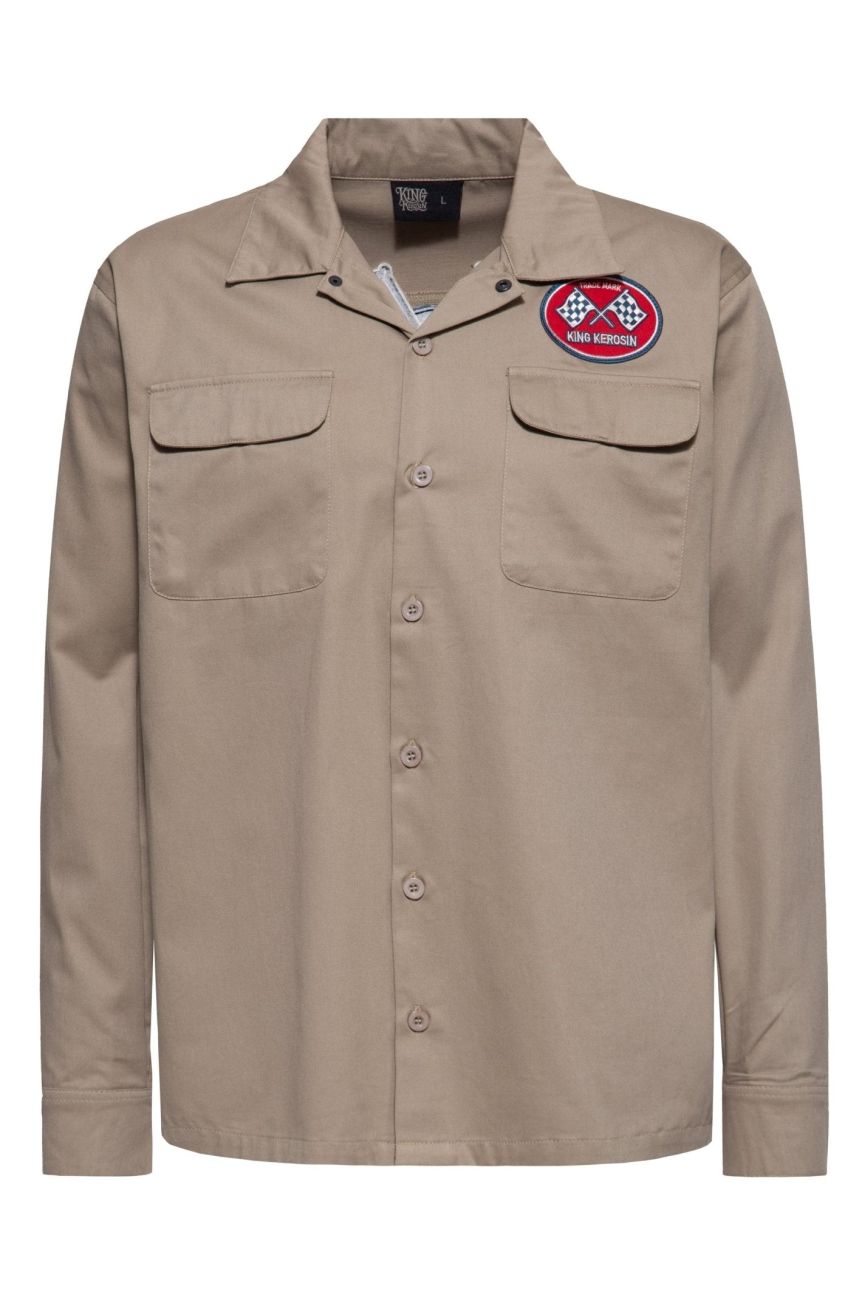 Chemise workwear homme beige coton poches rabat col cubain patch King Kerosin custom