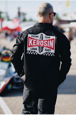 Chemise workshirt noire bande damier rouge patch Kerosin Racing Team King Kerosin custom