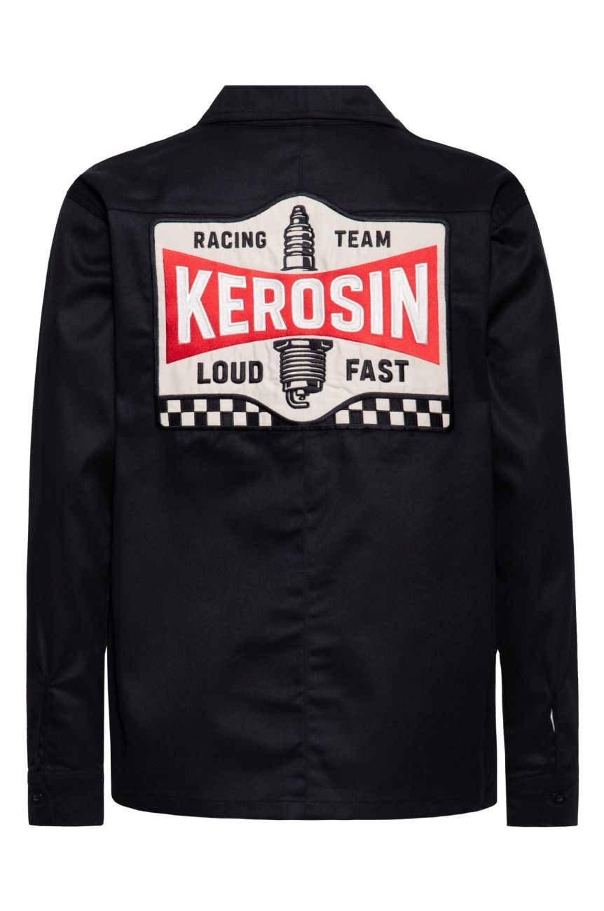 Dos chemise noire patch Kerosin Racing Team Loud Fast bougie allumage damier rockabilly
