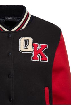 Veste teddy baseball noire manches rouges broderie dos Road Rebels drapeaux damier retro