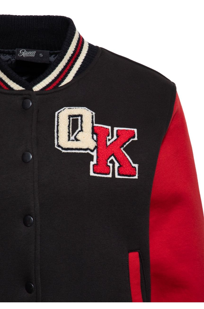 Veste teddy baseball noire manches rouges broderie dos Road Rebels drapeaux damier retro