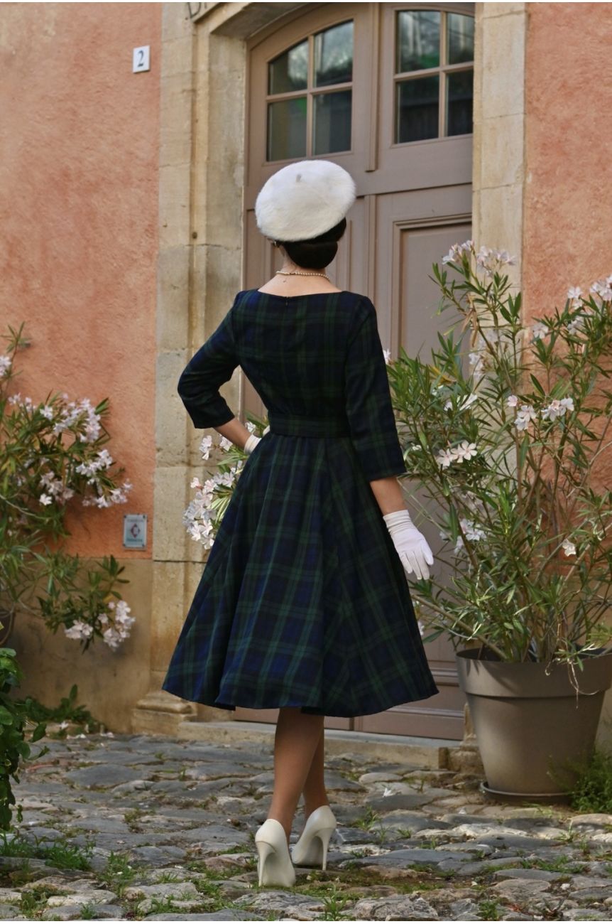 Dos robe Black Watch tartan vert marine jupe swing ample manches 3/4 Hearts and Roses