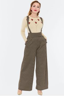 Pantalon palazzo pied-de-poule brun beige taille haute bretelles croisees Voodoo Vixen